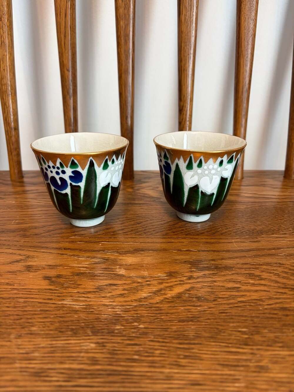 Kutani Japanese Porcelain Tea Cups Set of 2 Floral Gilt